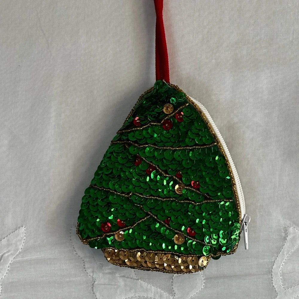 Green Sequin Christmas Tree Coin Purse Vintage